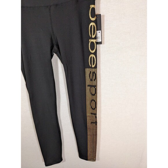 NWT Bebe Sport Logo Leggings Women’s Medium Black Sport Sparkling Gold Logo - Picture 5 of 10